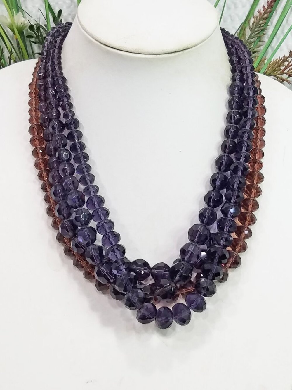 Chunky Purple Brown Faceted Glass Crystal Multi Strand Choker Necklace Gunmetal